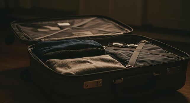 Neatly arranged clothes and personal items packed inside an open travel suitcase photo