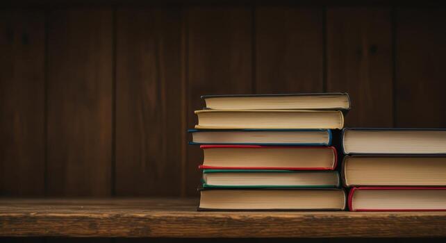 Stack of colorful books on a rustic wooden shelf with soft bokeh background photo