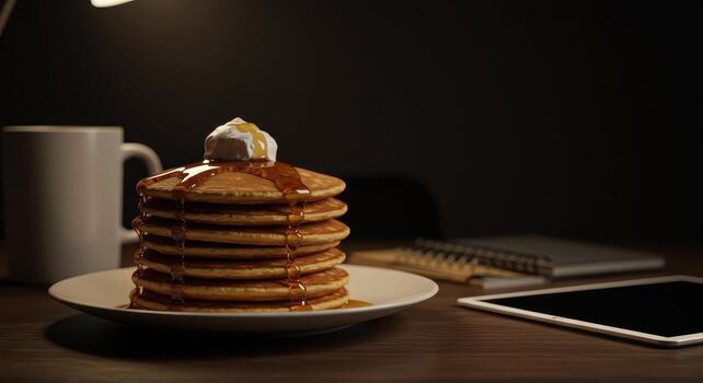 Stack of golden pancakes with maple syrup and whipped cream on a cozy wooden table photo