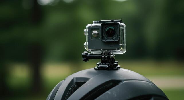 Close up of an action camera mounted on a black helmet in a natural outdoor setting photo