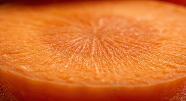 Close up macro view of a fresh, bright orange carrot slice with natural lighting photo