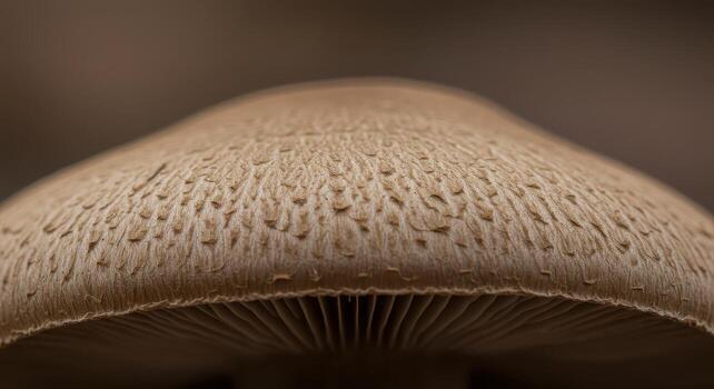 Close up macro shot of a fresh mushroom cap with detailed texture and gills photo