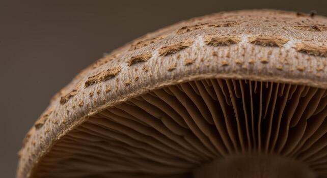 Close up photo of a fresh mushroom cap with detailed gills and natural texture