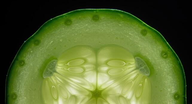 Macro photograph of a crisp green cucumber slice highlighting its fresh translucent interior photo
