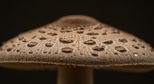 Macro close up of a wild mushroom cap featuring intricate natural texture and a water droplet photo