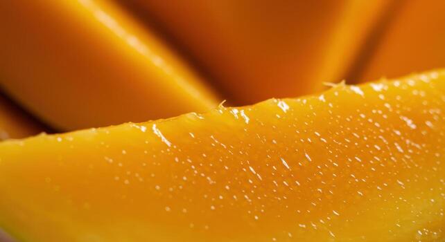 Close up macro view of a fresh, juicy, bright orange mango slice with natural lighting photo
