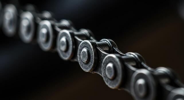 Close up macro shot of a shiny metallic bicycle chain with detailed links on a dark background photo