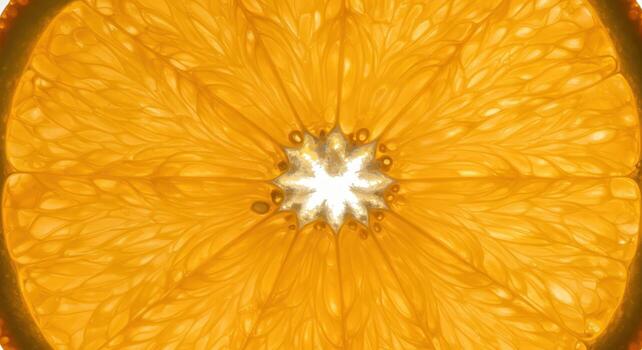 Vibrant close up of a fresh orange slice, backlit with bright citrus tones and juicy texture photo