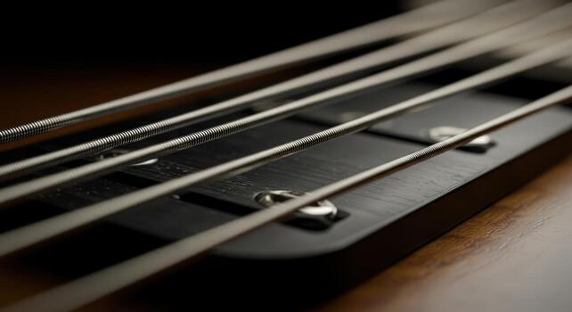 Close up of shiny electric guitar strings, metallic gleam on a dark background photo