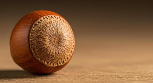 Single hazelnut in close up with natural lighting on a warm brown surface photo