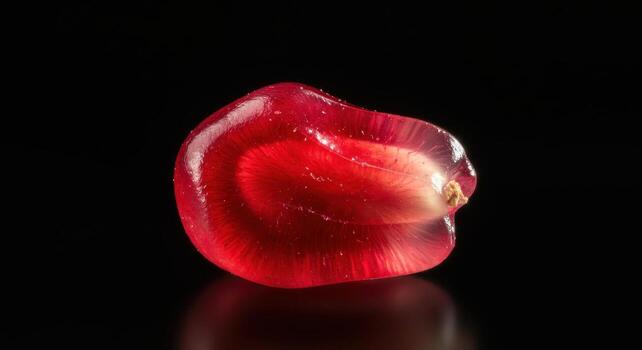 Close up macro shot of a single ruby red pomegranate seed on a dark background photo