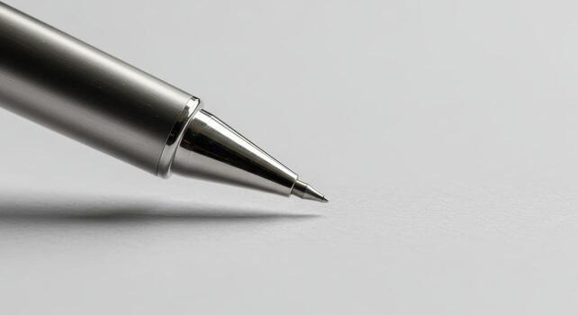 Close up of a sleek metallic pen tip poised above white paper, ready for writing photo
