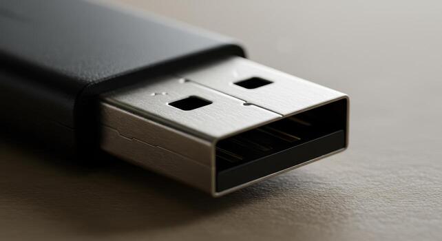 Close up view of a black USB flash drive connector for data storage and transfer photo
