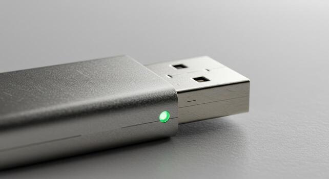 Close up of a sleek silver USB flash drive with a glowing green indicator light photo