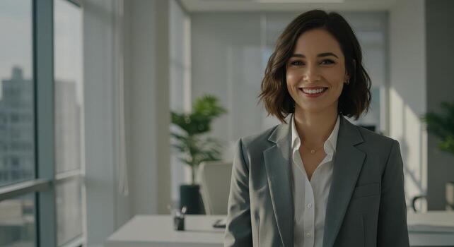 Smiling businesswoman in a modern office with natural lighting and a confident pose photo