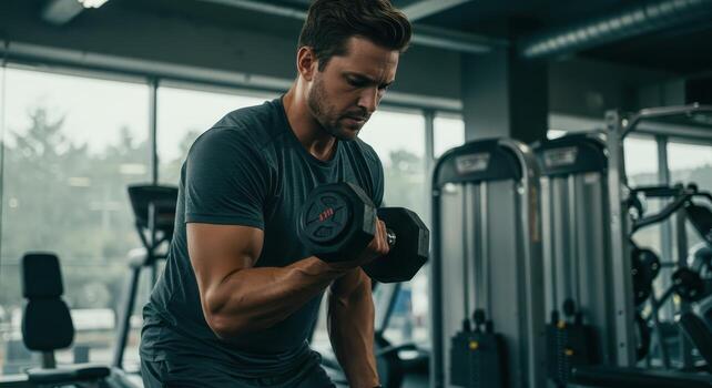 Muscular man intensely lifting dumbbell during bicep curl exercise in a modern gym photo