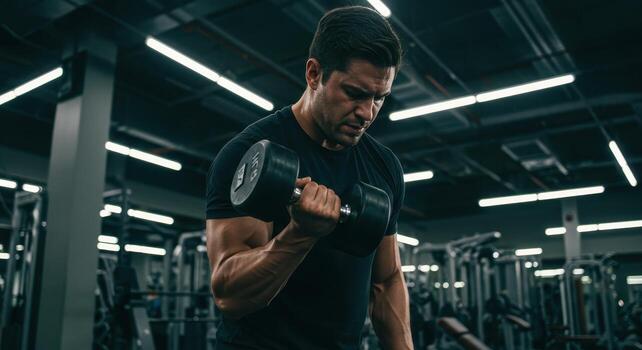 Strong man performing bicep curl with a dumbbell during workout in a modern gym photo