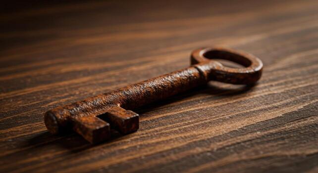 Macro photo of a rusty old key on a dark wooden surface with moody lighting
