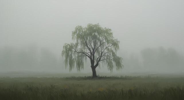 Solitary weeping willow tree in a dense foggy field with muted tones and serene atmosphere photo