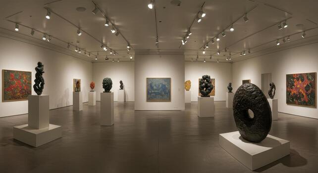 Wide angle view of a contemporary art gallery featuring abstract sculptures and paintings photo