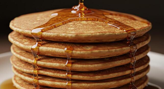 Golden brown stack of fluffy pancakes generously drizzled with sweet maple syrup photo
