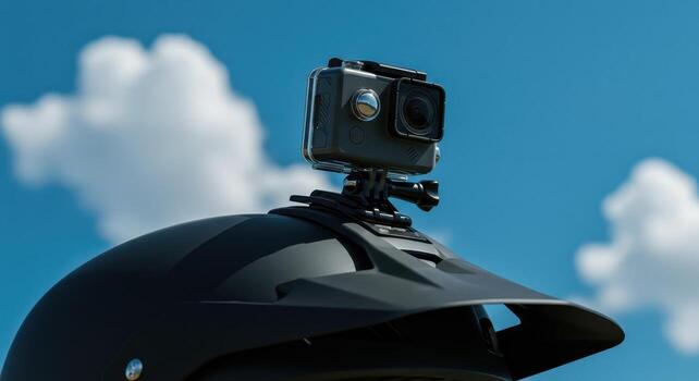 Action camera mounted on a black helmet under a bright blue sky with white clouds. photo