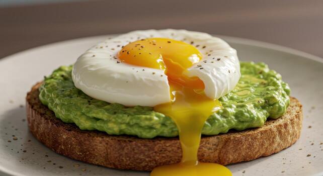 Healthy breakfast of avocado toast with a perfectly cooked poached egg and runny yolk photo