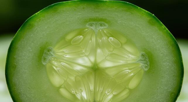 Close up of a fresh cucumber slice showing seeds and vibrant green texture photo