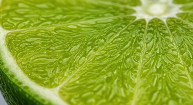 Close up macro shot of a fresh lime wedge showing vibrant green pulp and juicy segments photo