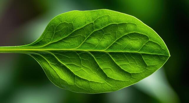 Close up macro shot of a fresh green spinach leaf with visible veins and natural light photo