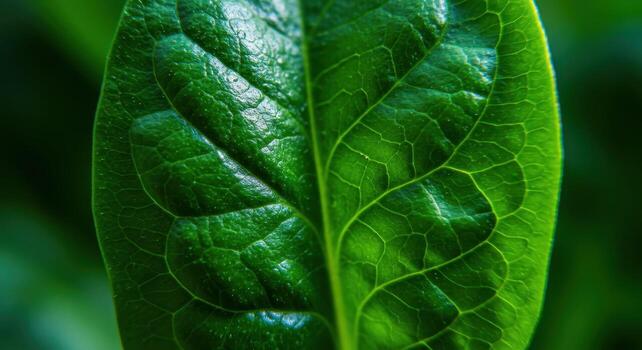 Close up of a fresh deep green spinach leaf with visible veins in natural light photo
