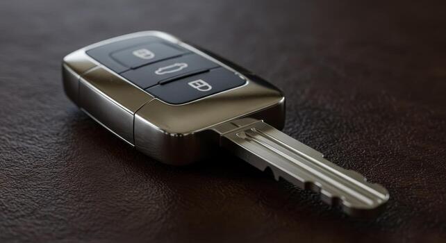 brillante moderno coche llave con remoto controlar botones descansando en un oscuro cuero superficie foto