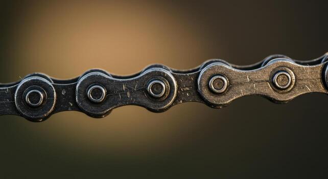 Close up photo of a shiny metallic bicycle chain with detailed links and pins