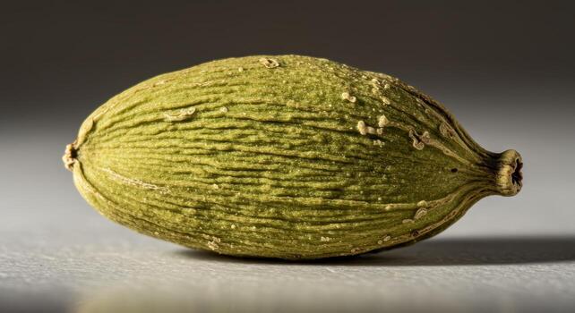 Close up macro photo of a single green cardamom pod with subtle texture and natural lighting