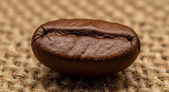 Closeup macro shot of a single roasted coffee bean on rustic burlap texture photo