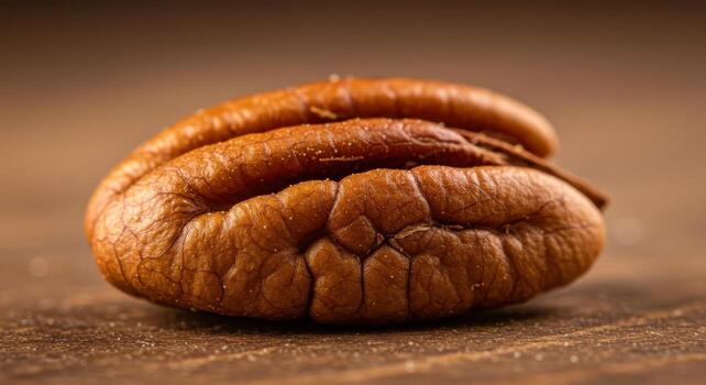 Close up macro shot of a single pecan nut on a warm brown wooden surface photo