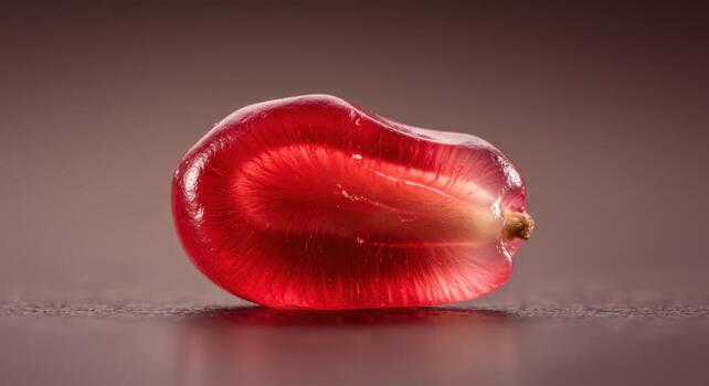 Macro close up of a single ruby red pomegranate seed cut in half, showing translucent internal structure photo
