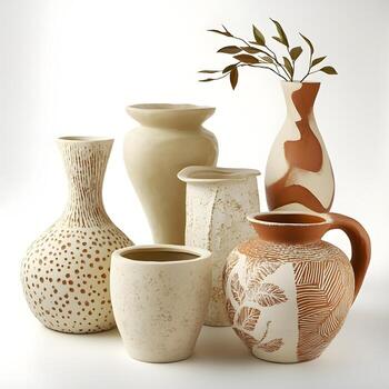 begue cerámico floreros con patrones en monitor en un tienda ventana. cerámica Arte. cerca arriba, selectivo enfocar. foto