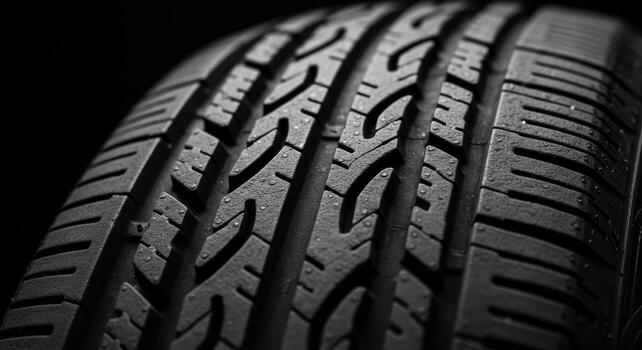 Close up of a sleek car tire tread with water droplets on a dark background photo