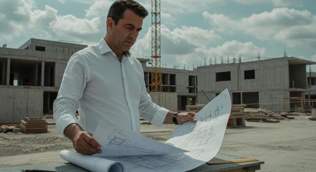 Professional architect reviewing building blueprints at a modern construction site photo