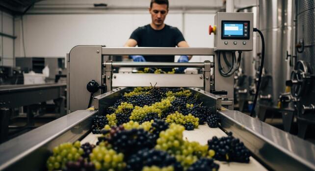 Man overseeing grape sorting on a conveyor belt in a modern winery production facility photo