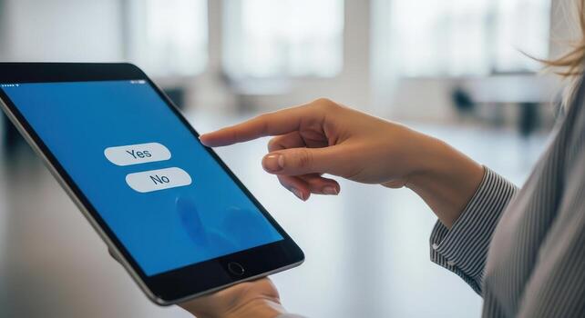 Woman hand selecting yes on a digital tablet screen for a survey or important decision photo