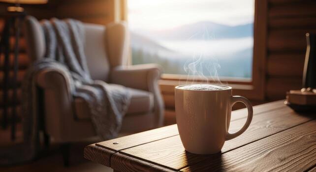 Steaming mug of hot cocoa on a rustic wooden table in a cozy log cabin with mountain view photo