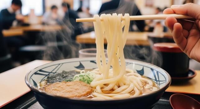 Hand lifting steaming udon noodles with chopsticks from a bowl in a bustling japanese restaurant photo