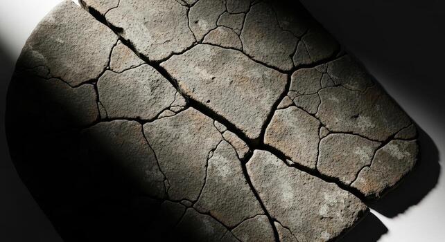 Fragmented weathered stone tablet with intricate cracks and sharp shadows on a surface photo