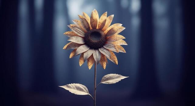 Hyper realistic cinematic photo of a single wildflower crafted from aged parchment paper