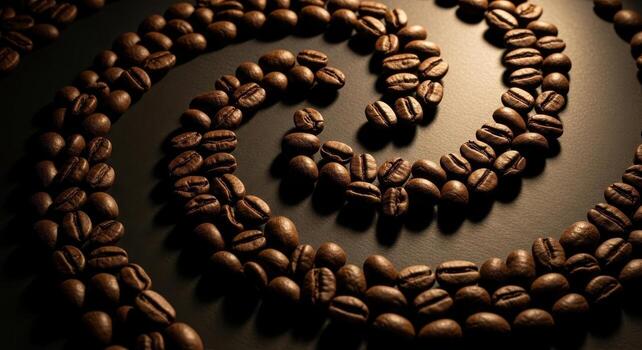 Close up of freshly roasted coffee beans meticulously arranged in a swirling pattern on a dark matte surface photo