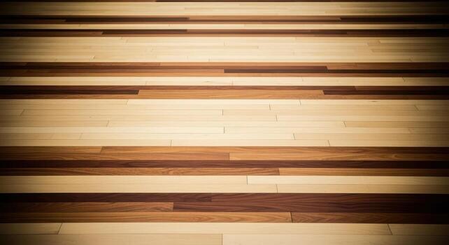 Polished wooden floor with alternating light and dark planks in a horizontal pattern photo