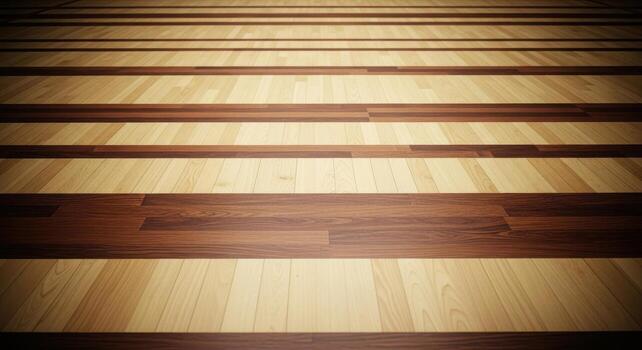 Close up view of a polished wooden floor with alternating light and dark planks creating a striped pattern, creating depth. photo