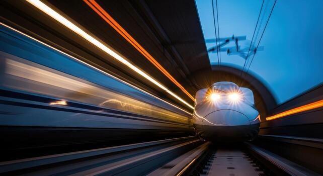 Modern high speed bullet train speeding through a tunnel with dynamic motion blur and vibrant light trails photo